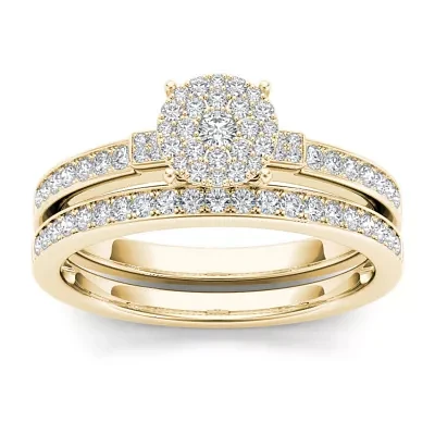 1/2 CT.T.W. Natural Diamond Cluster 10K Yellow Gold Bridal Ring Set