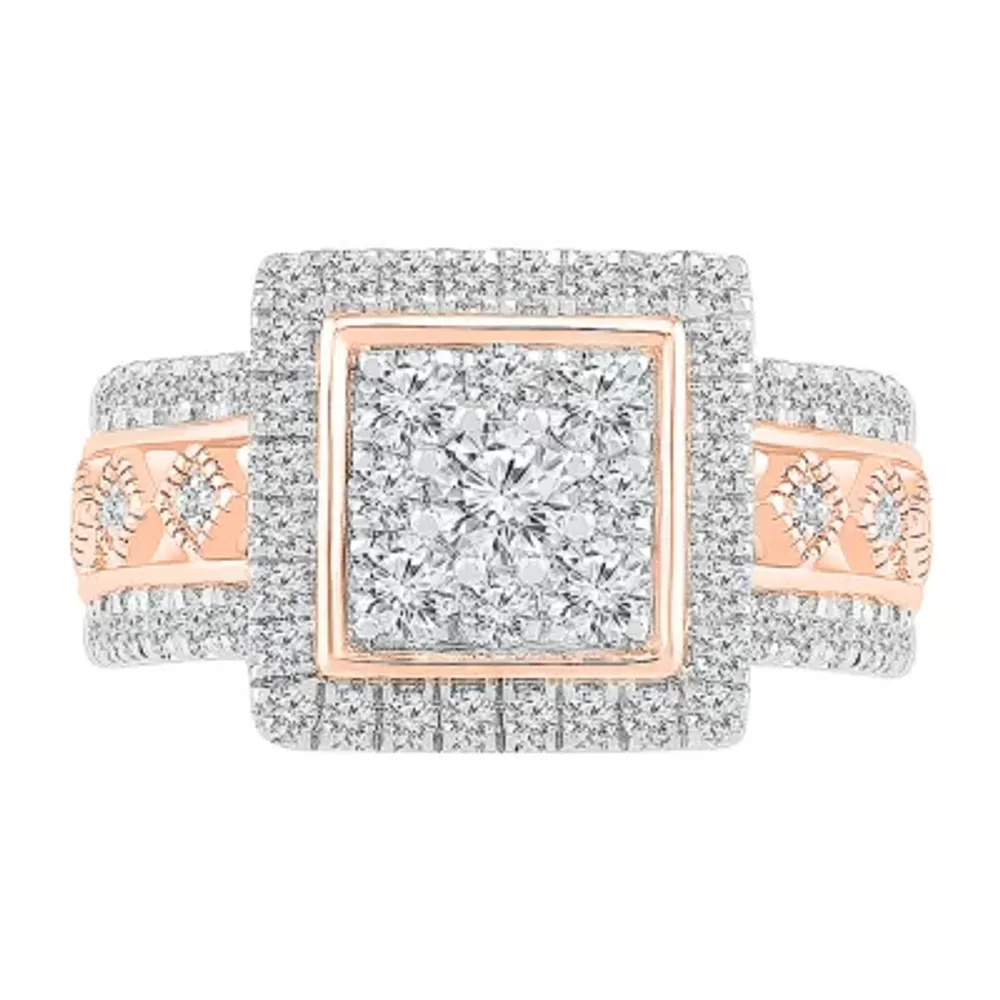 Womens 1 CT. T.W. Mined White Diamond 10K Rose Gold Square Halo Cocktail Ring