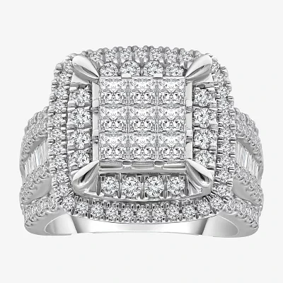 Womens 3 CT. T.W. Natural White Diamond 10K White Gold Cushion Side Stone Halo Engagement Ring