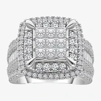 Womens 3 CT. T.W. Natural White Diamond 10K White Gold Cushion Side Stone Halo Engagement Ring