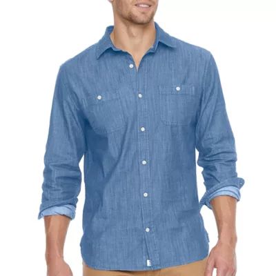 mutual weave Stretch Chambray Mens Regular Fit Long Sleeve Button-Down Shirt