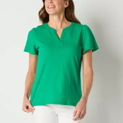 St. John's Bay Womens Split Crew Neck Short Sleeve Blouse