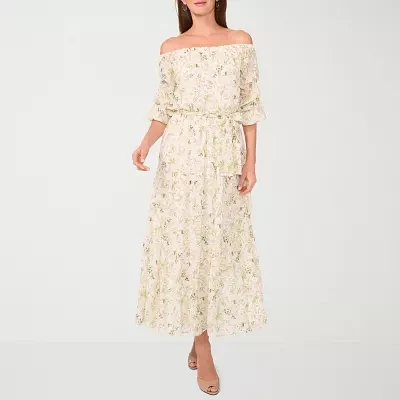 Sam And Jess Womens Off The Shoulder 3/4 Sleeve Floral Fit + Flare Dress