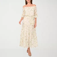 Sam And Jess Womens Off The Shoulder 3/4 Sleeve Floral Fit + Flare Dress