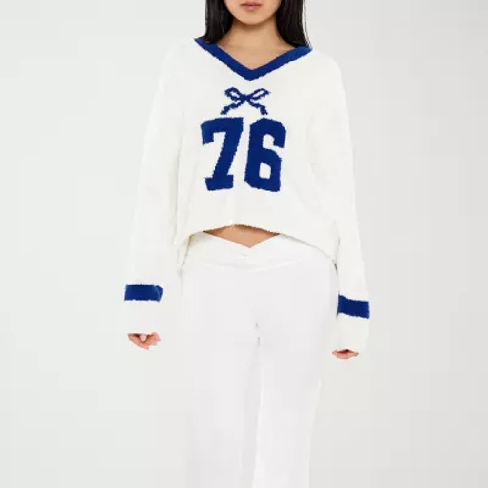 Forever 21 Juniors 78 Oversized Bow Womens V Neck Long Sleeve Logo Pullover Sweater