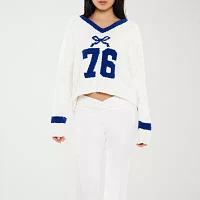 Forever 21 Juniors 78 Oversized Bow Womens V Neck Long Sleeve Logo Pullover Sweater