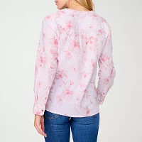 Free Country Womens Stretch Fabric Split Crew Neck Long Sleeve Button-Down Shirt