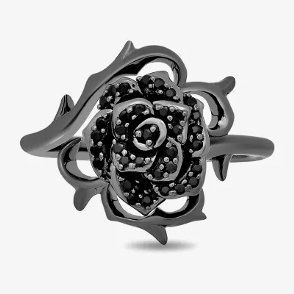 Enchanted Disney Fine Jewelry Womens 1/4 CT. T.W. Natural Black Diamond Sterling Silver Flower Maleficent Cocktail Ring
