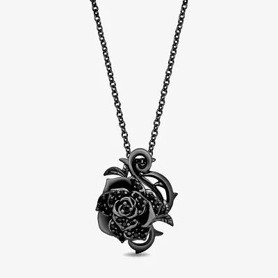 Enchanted Disney Fine Jewelry Womens 1/5 CT. Natural Black Diamond Sterling Silver Flower Maleficent Pendant Necklace