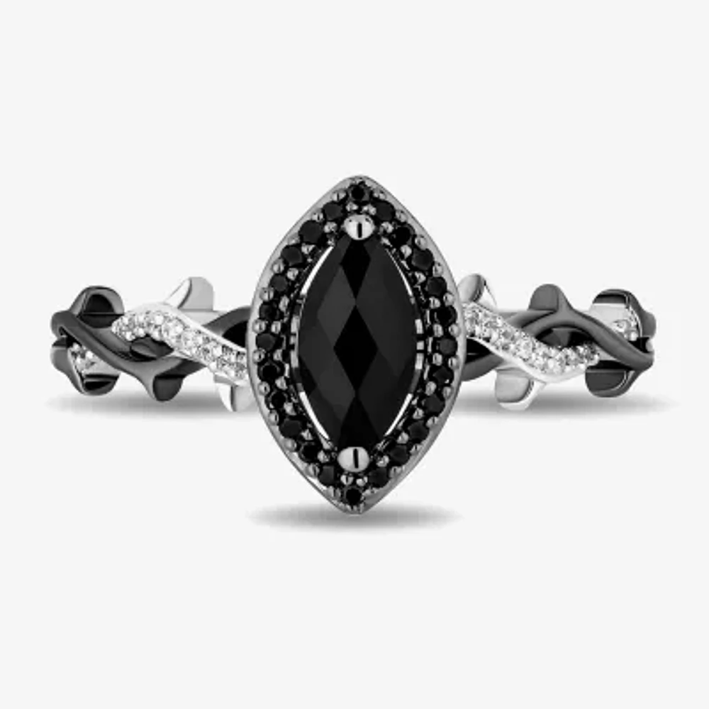 Enchanted Disney Fine Jewelry Womens 1/8 CT. T.W. Genuine Black Onyx Sterling Silver Marquise Maleficent Halo Side Stone Cocktail Ring