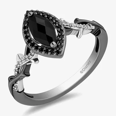 Enchanted Disney Fine Jewelry Womens 1/8 CT. T.W. Genuine Black Onyx Sterling Silver Marquise Maleficent Halo Side Stone Cocktail Ring