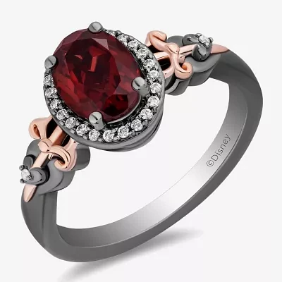 Enchanted Disney Fine Jewelry Womens 1/10 CT. T.W. Genuine Red Garnet 14K Rose Gold Over Silver Sterling Silver Oval Evil Queen Snow White Halo Cocktail Ring