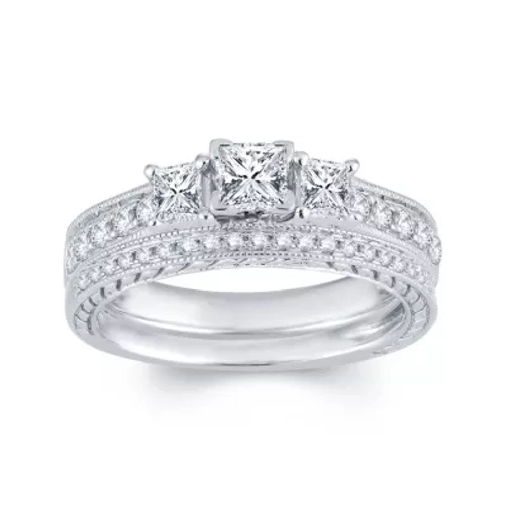 1 CT.T.W. Natural Diamond 14K White Gold 3-Stone Bridal Ring Set