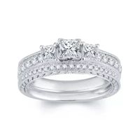 1 CT.T.W. Natural Diamond 14K White Gold 3-Stone Bridal Ring Set