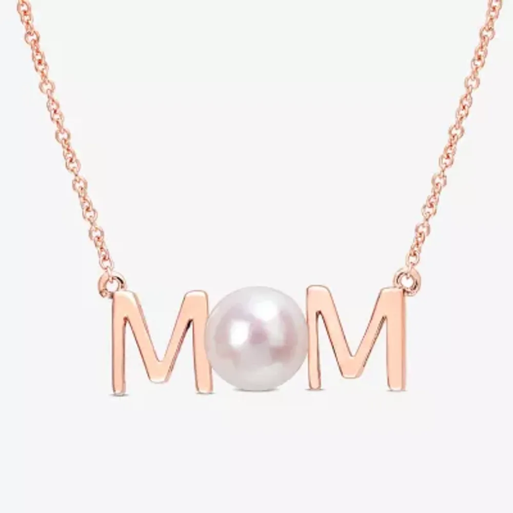 Mom" Womens White Cultured Freshwater Pearl 10K Rose Gold Pendant Necklaces