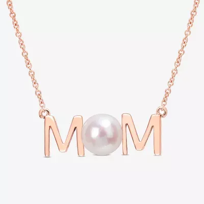 Mom" Womens White Cultured Freshwater Pearl 10K Rose Gold Pendant Necklaces