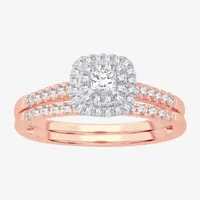 1/2 CT.T.W. Natural Diamond Cushion Shape Side Stone Halo Bridal Set 10K or 14K Gold