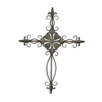 Cheungs Dark Brown Cross With Swirl And Patterned Accents Metal Wall Art