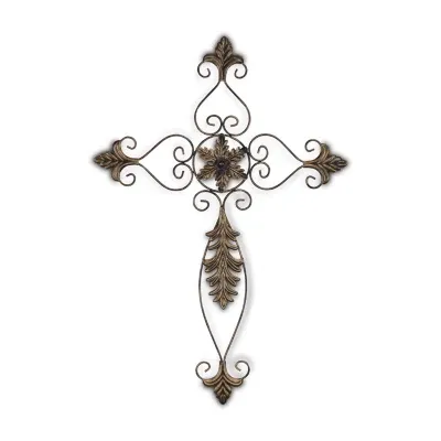 Cross With Rustic Leaf Accent Metal Wall Art