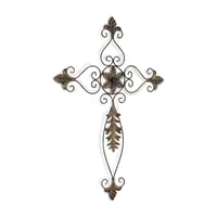 Cross With Rustic Leaf Accent Metal Wall Art