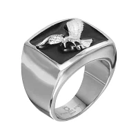 Mens Two-Tone Stainless Steel Black Enamel Eagle Ring