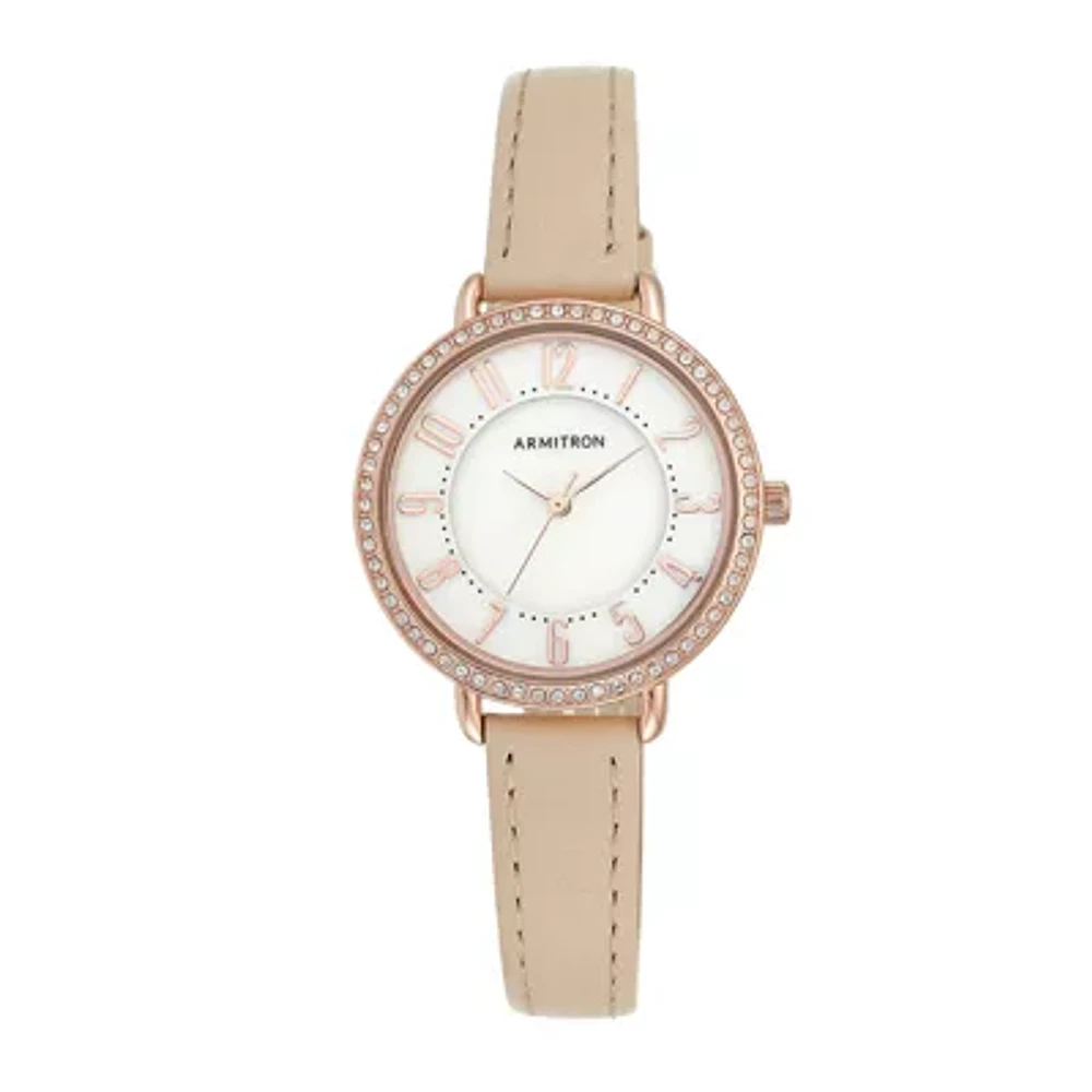 Armitron® Womens Mother-of-Pearl Rose-Tone Pink Leather Strap Watch