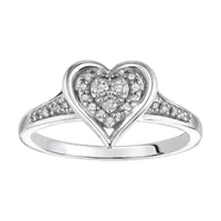 Womens 1/6 CT. T.W. Mined White Diamond Sterling Silver Heart Side Stone Halo Engagement Ring