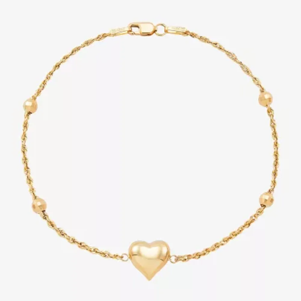 10K Gold 7.5 Inch Hollow Rope Heart Link Bracelet