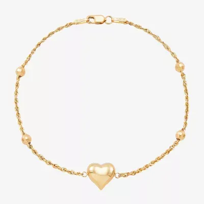 10K Gold 7.5 Inch Hollow Rope Heart Link Bracelet