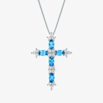 Womens Lab Created Blue Topaz Sterling Silver Cross Pendant Necklace