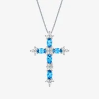 Womens Lab Created Blue Topaz Sterling Silver Cross Pendant Necklace