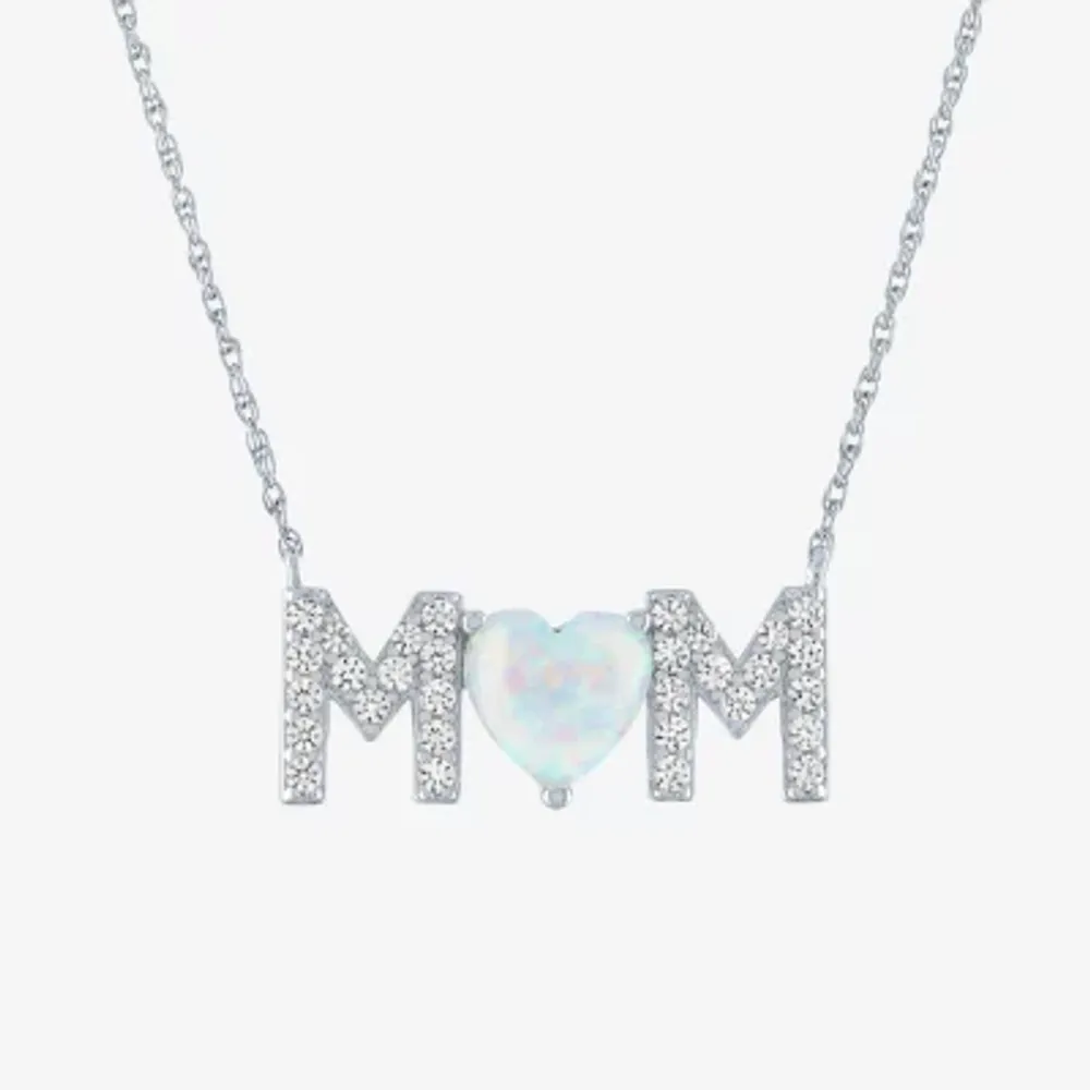Mom" Womens Lab Created White Opal Sterling Silver Heart Pendant Necklaces