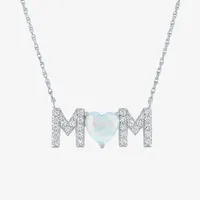 "Mom" Womens Lab Created White Opal Sterling Silver Heart Pendant Necklace