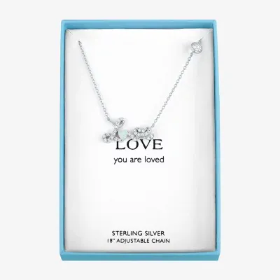 "Love" Womens Lab Created White Opal Sterling Silver Heart Pendant Necklace