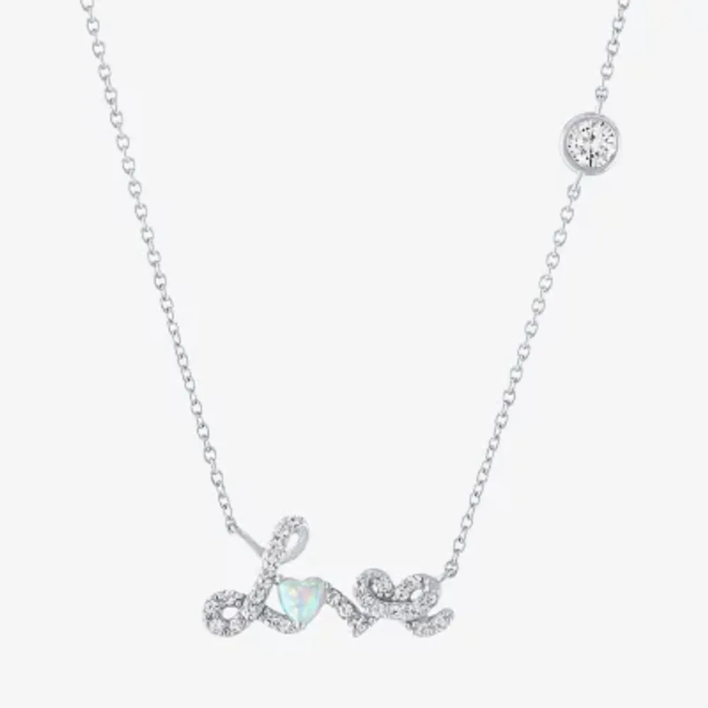 "Love" Womens Lab Created White Opal Sterling Silver Heart Pendant Necklaces