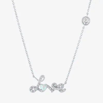 "Love" Womens Lab Created White Opal Sterling Silver Heart Pendant Necklaces