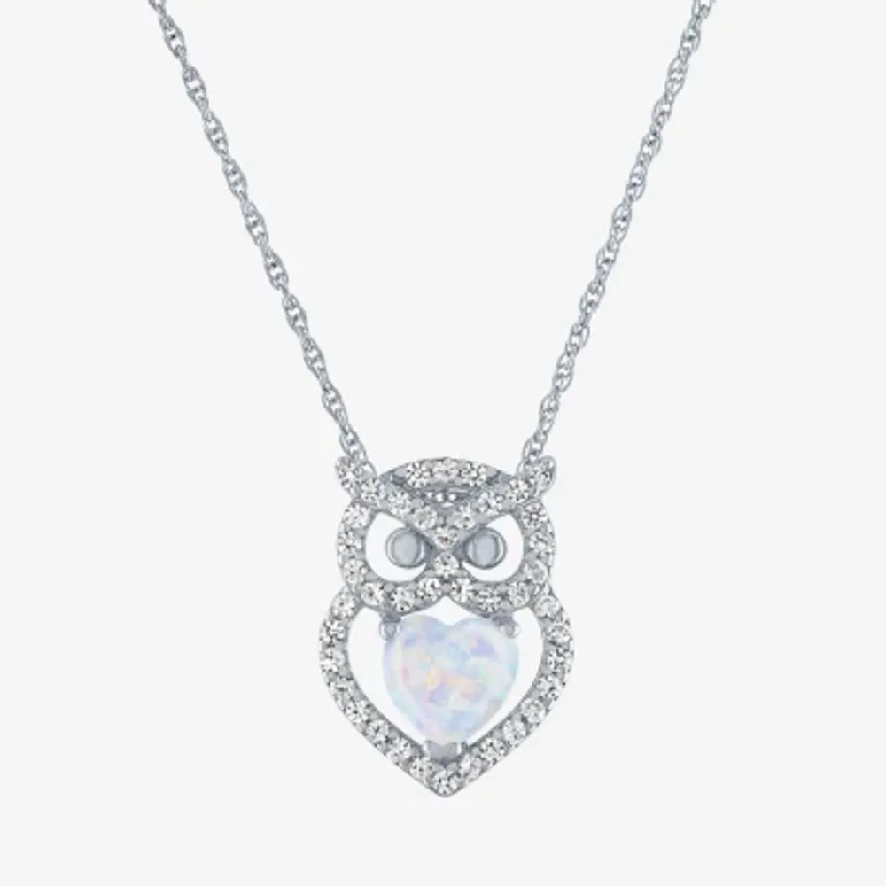 Owl Womens Lab Created White Opal Sterling Silver Pendant Necklaces