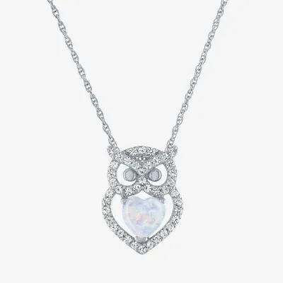 Owl Womens Lab Created White Opal Sterling Silver Pendant Necklaces
