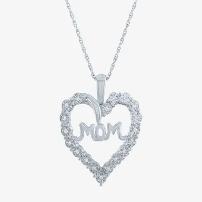 Yes, Please! "Mom" Womens 1/10 CT. T.W. Natural White Diamond Sterling Silver Heart Pendant Necklace