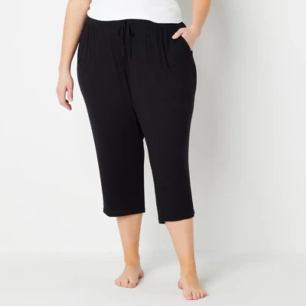 Plus Size Ruched Cuff Capri Pants - Black