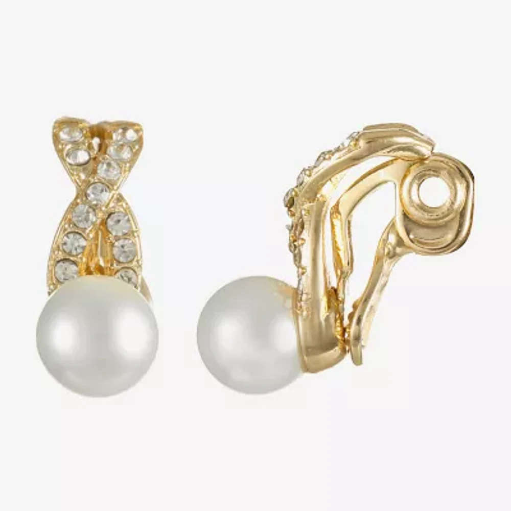Monet Jewelry Gold Tone Glass Simulated Pearl Knot Clip On Earrings