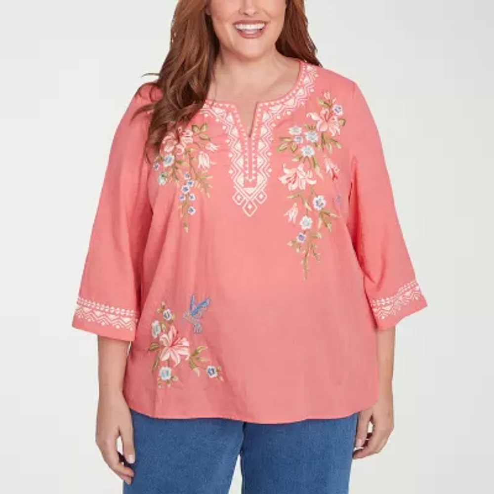 Alfred Dunner Plus Free Spirit Womens Split Crew Neck 3/4 Sleeve Embroidered Blouse