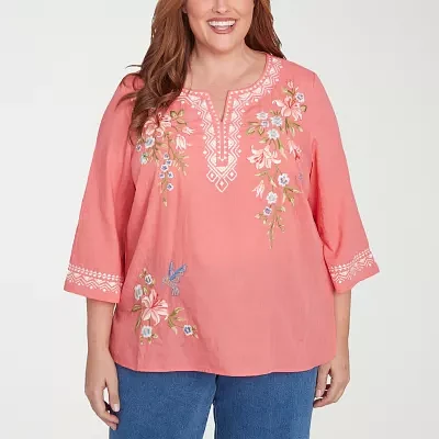 Alfred Dunner Plus Free Spirit Womens Split Crew Neck 3/4 Sleeve Embroidered Blouse