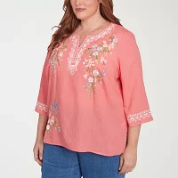 Alfred Dunner Plus Free Spirit Womens Split Crew Neck 3/4 Sleeve Embroidered Blouse