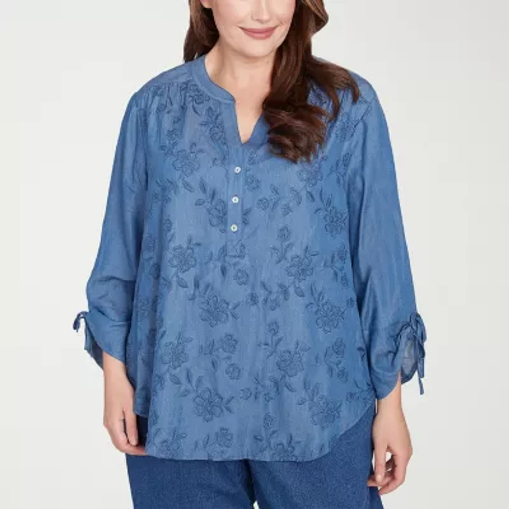 Alfred Dunner Plus Free Spirit Womens Crew Neck 3/4 Sleeve Embroidered Blouse