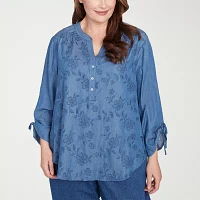 Alfred Dunner Plus Free Spirit Womens Crew Neck 3/4 Sleeve Embroidered Blouse