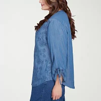 Alfred Dunner Plus Free Spirit Womens Crew Neck 3/4 Sleeve Embroidered Blouse