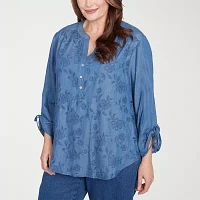 Alfred Dunner Plus Free Spirit Womens Crew Neck 3/4 Sleeve Embroidered Blouse