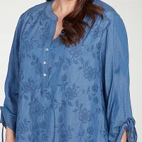 Alfred Dunner Plus Free Spirit Womens Crew Neck 3/4 Sleeve Embroidered Blouse