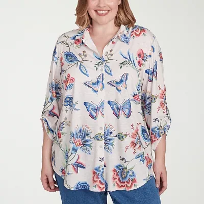 Alfred Dunner Plus Free Spirit Womens 3/4 Sleeve Button-Down Shirt